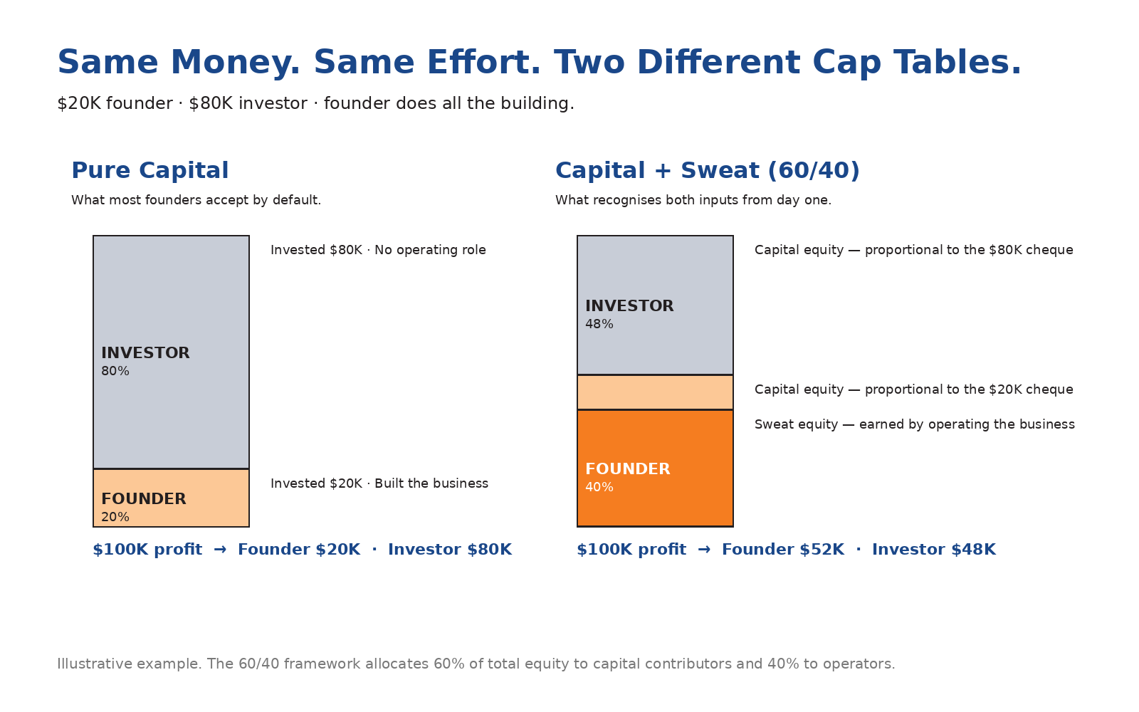 Two cap tables side by side. Pure-capital split: founder 20%, investor 80%. BizPal 60/40 split with sweat: founder 52%, investor 48%. The sweat equity layer is what shifts the balance.